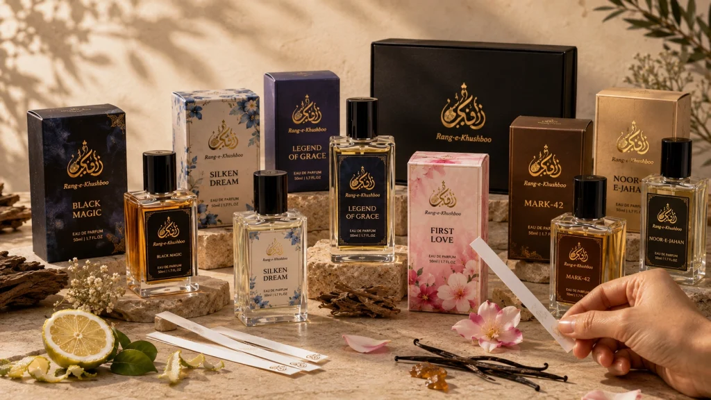 Rang-e-Khushboo perfume bottles and fragrance testing strips for choosing the right perfume