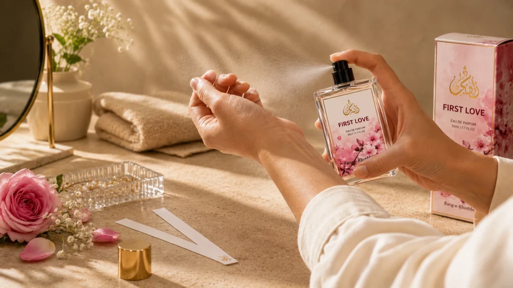 Applying perfume to the wrist to help fragrance last longer