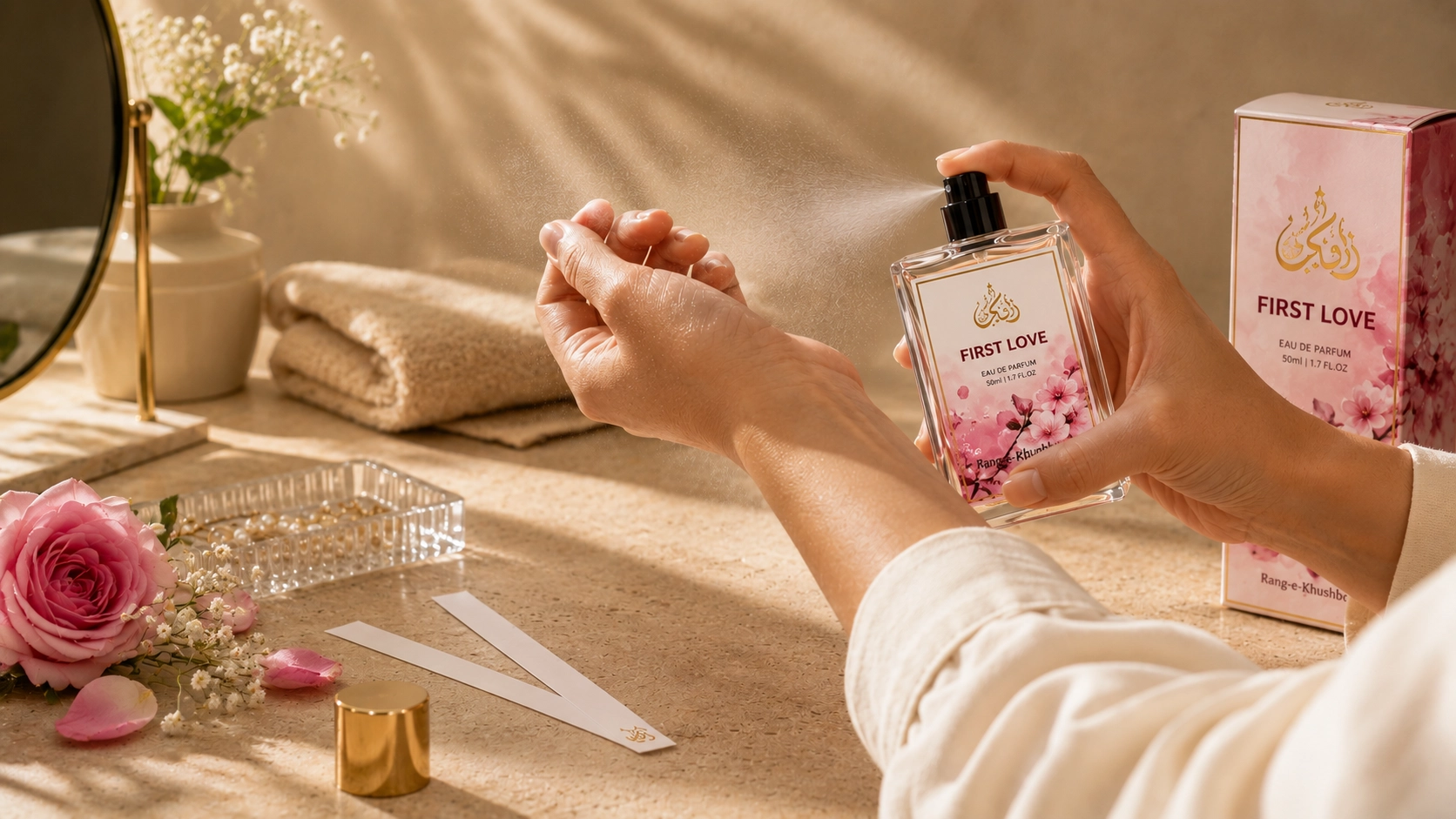 Applying perfume to the wrist to help fragrance last longer