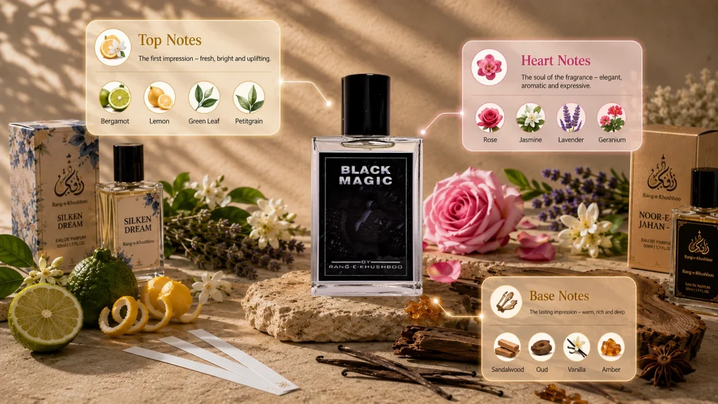 Top, heart and base notes in perfume illustrated with fragrance ingredients and a Rang-e-Khushboo perfume bottle